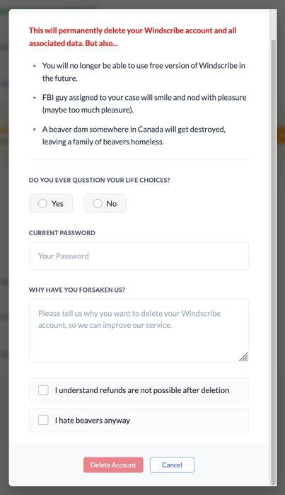 Delete Account prompt